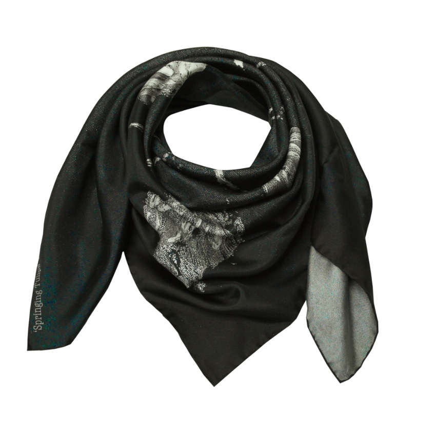 Rosemary Goodenough Black Springing Tulips V Scarf Black  Silver Grey silk