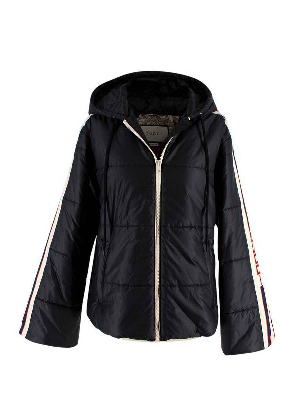 Preowned Gucci Black Puffer Jacket with Fluted Arm Detail Size M black cream red navy polyester