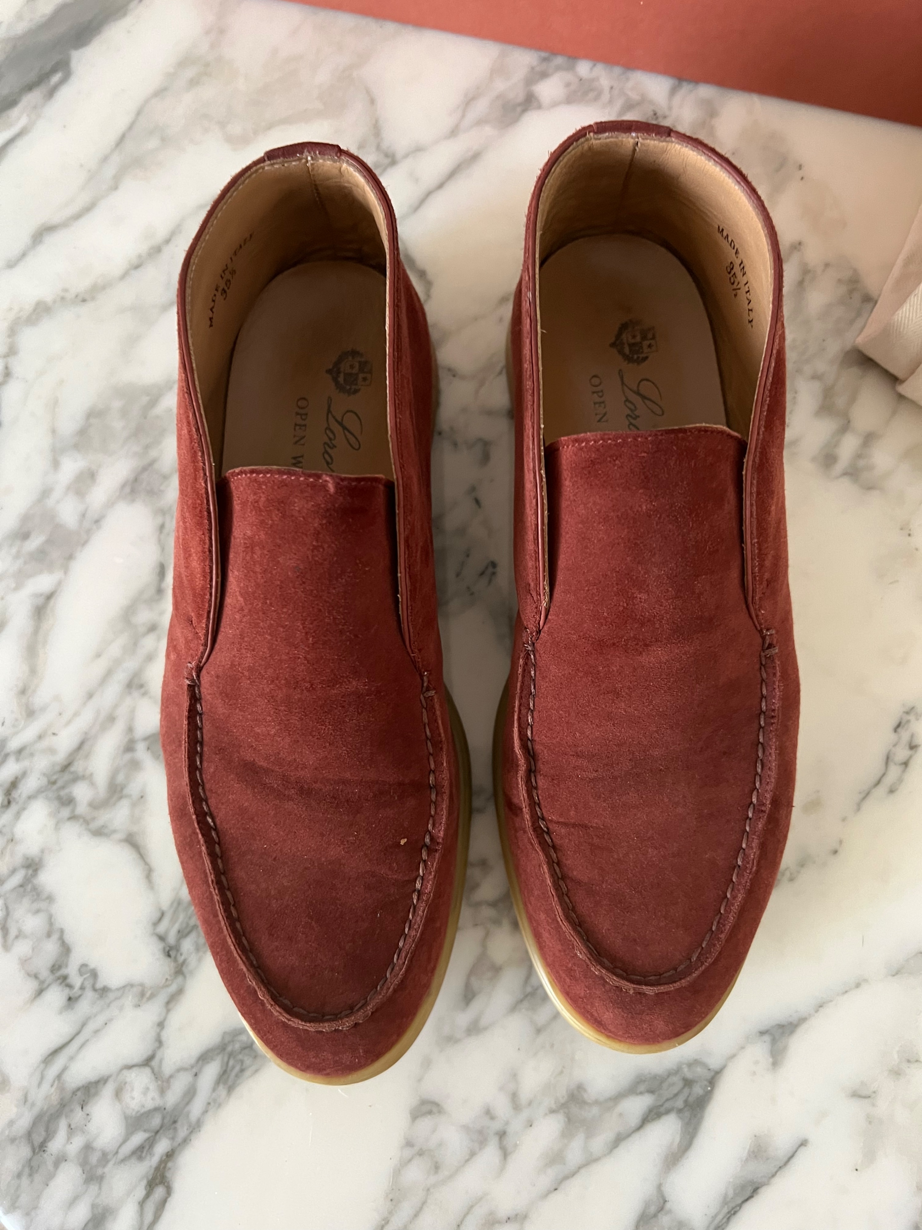 Preowned Loro Piana burgundy suede Open Walk loafers Size 355