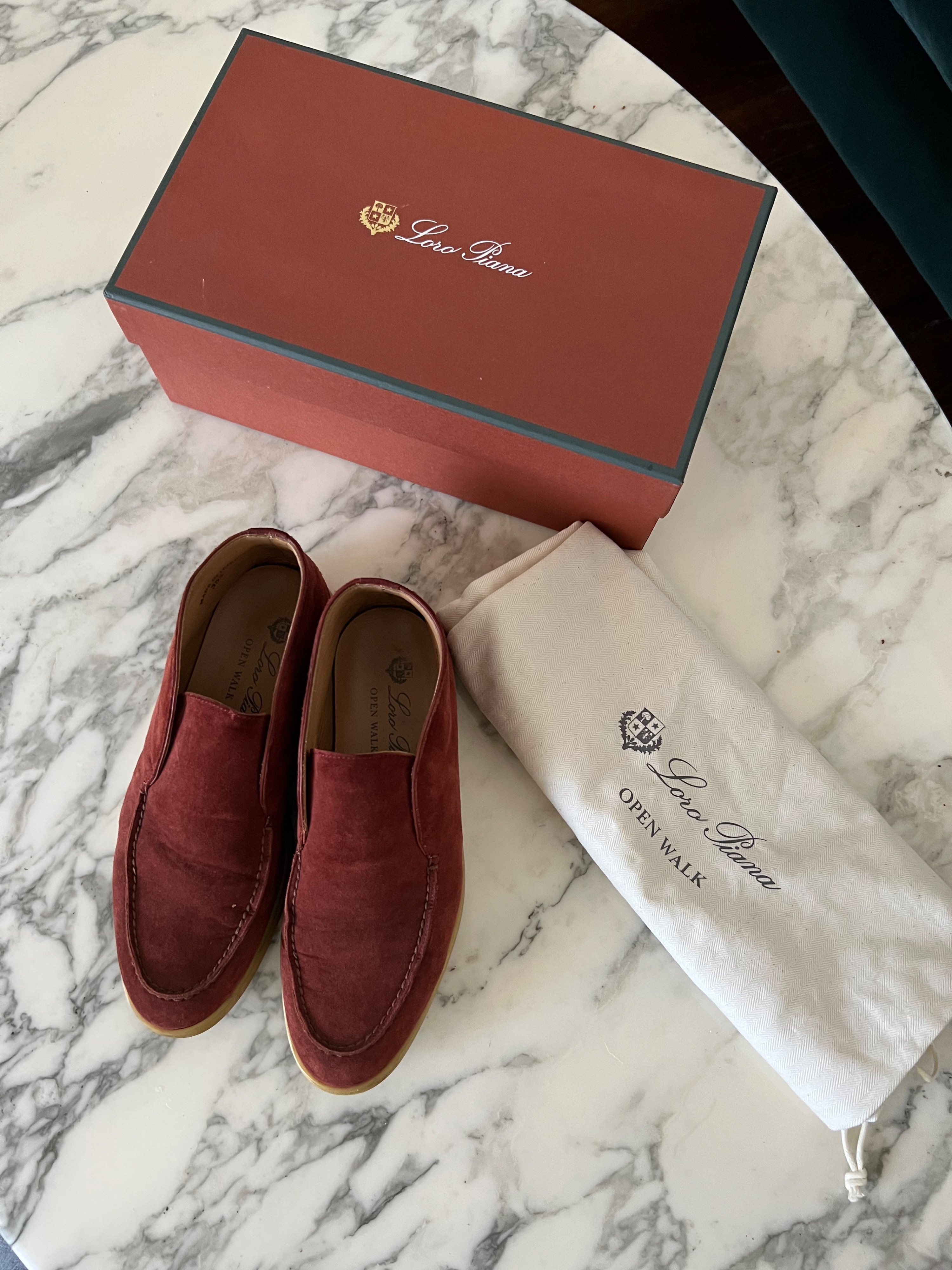 Preowned Loro Piana burgundy suede Open Walk loafers Size 355