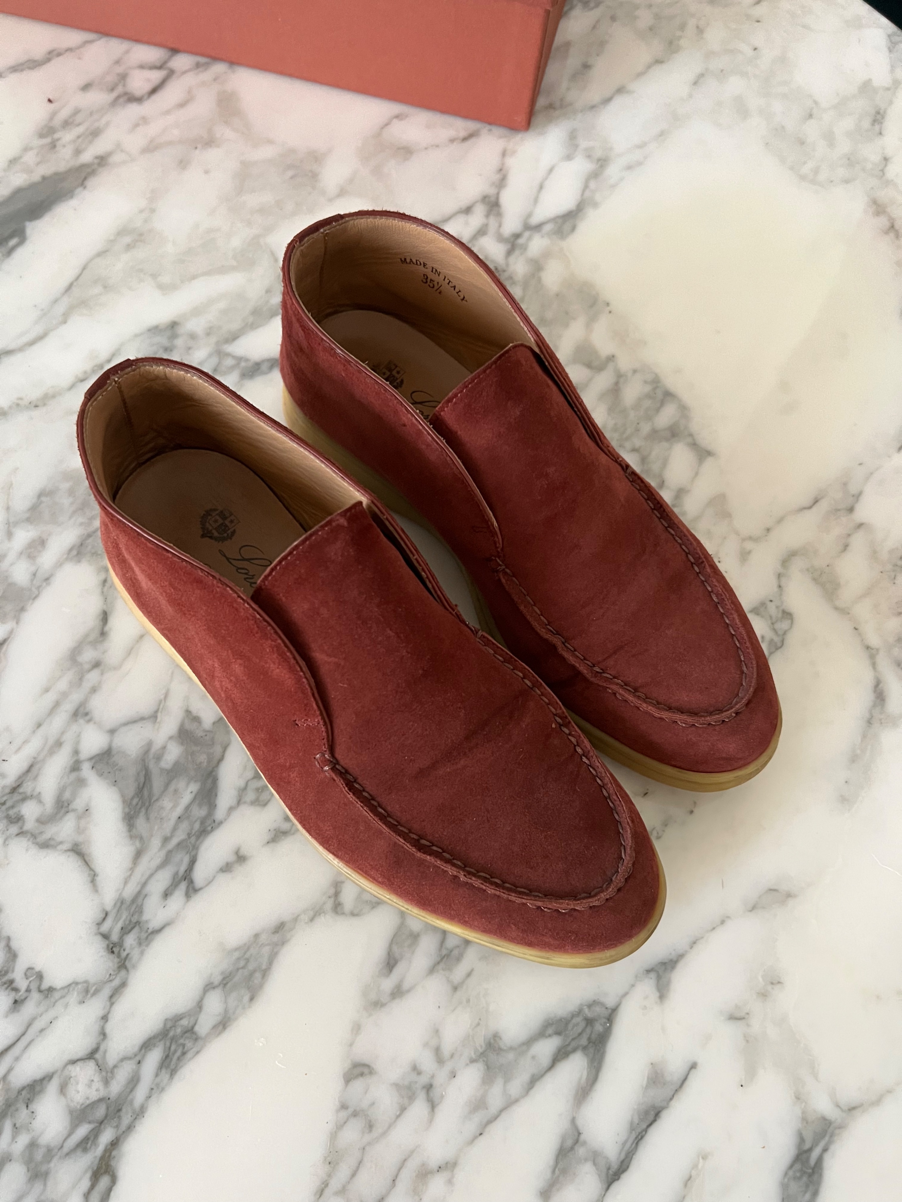 Preowned Loro Piana burgundy suede Open Walk loafers Size 355