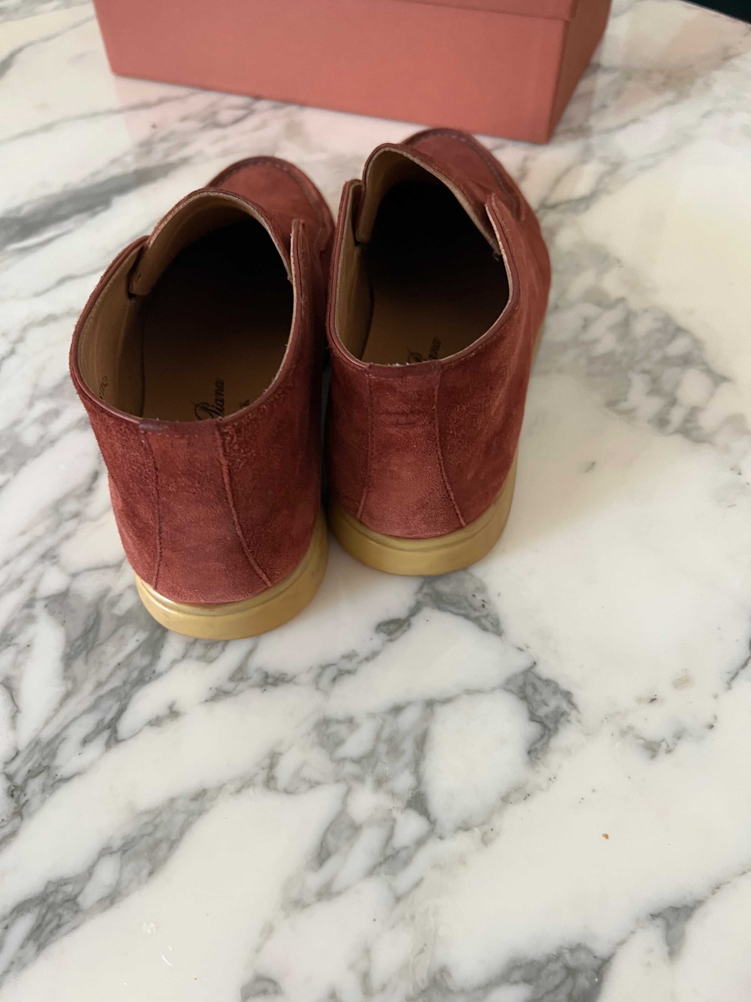 Preowned Loro Piana burgundy suede Open Walk loafers Size 355