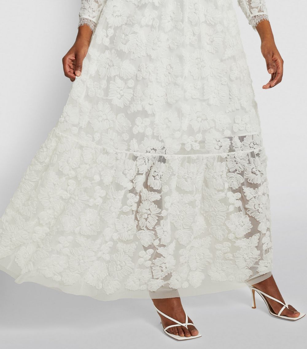 Self Portrait Bridal White Lace Crystal Embellished Ribbon Maxi Dress Size S white silver polyester