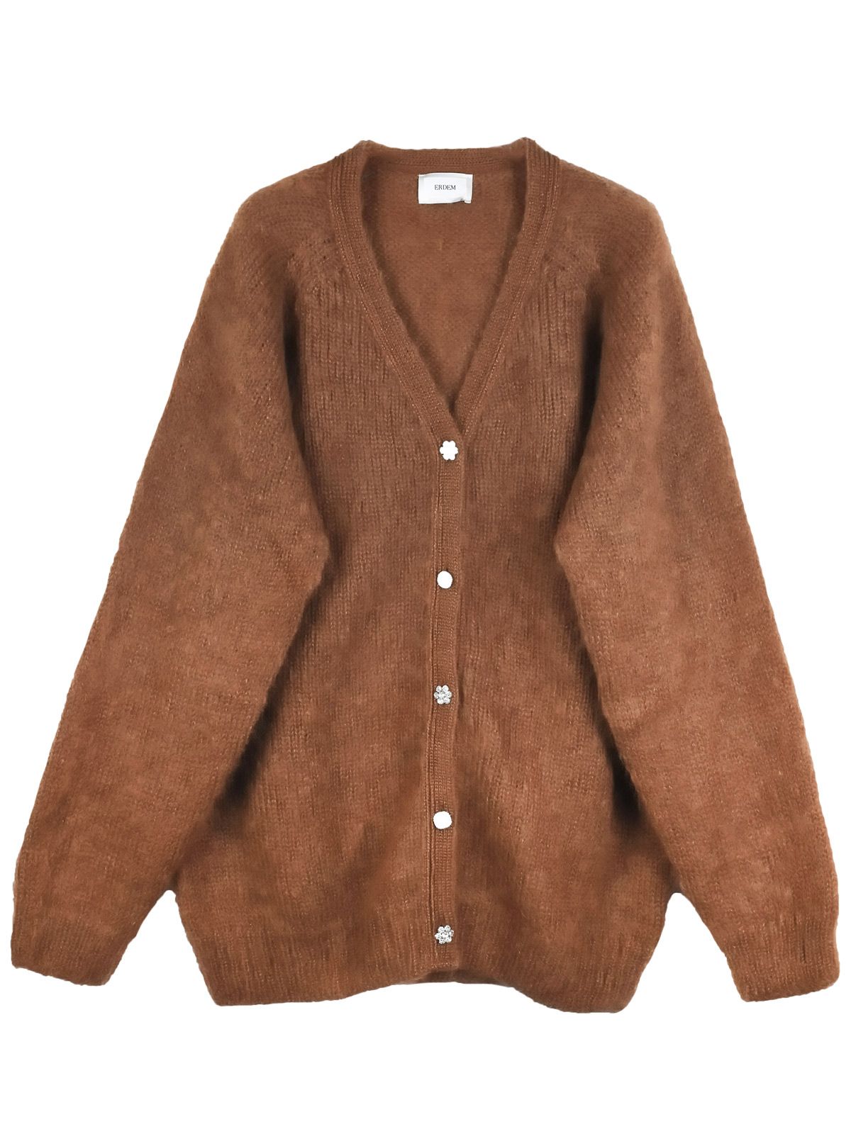 Erdem Camel Marcilly Cardigan with Crystal Button Detail Size XL Brown mohair/wool/polyamide