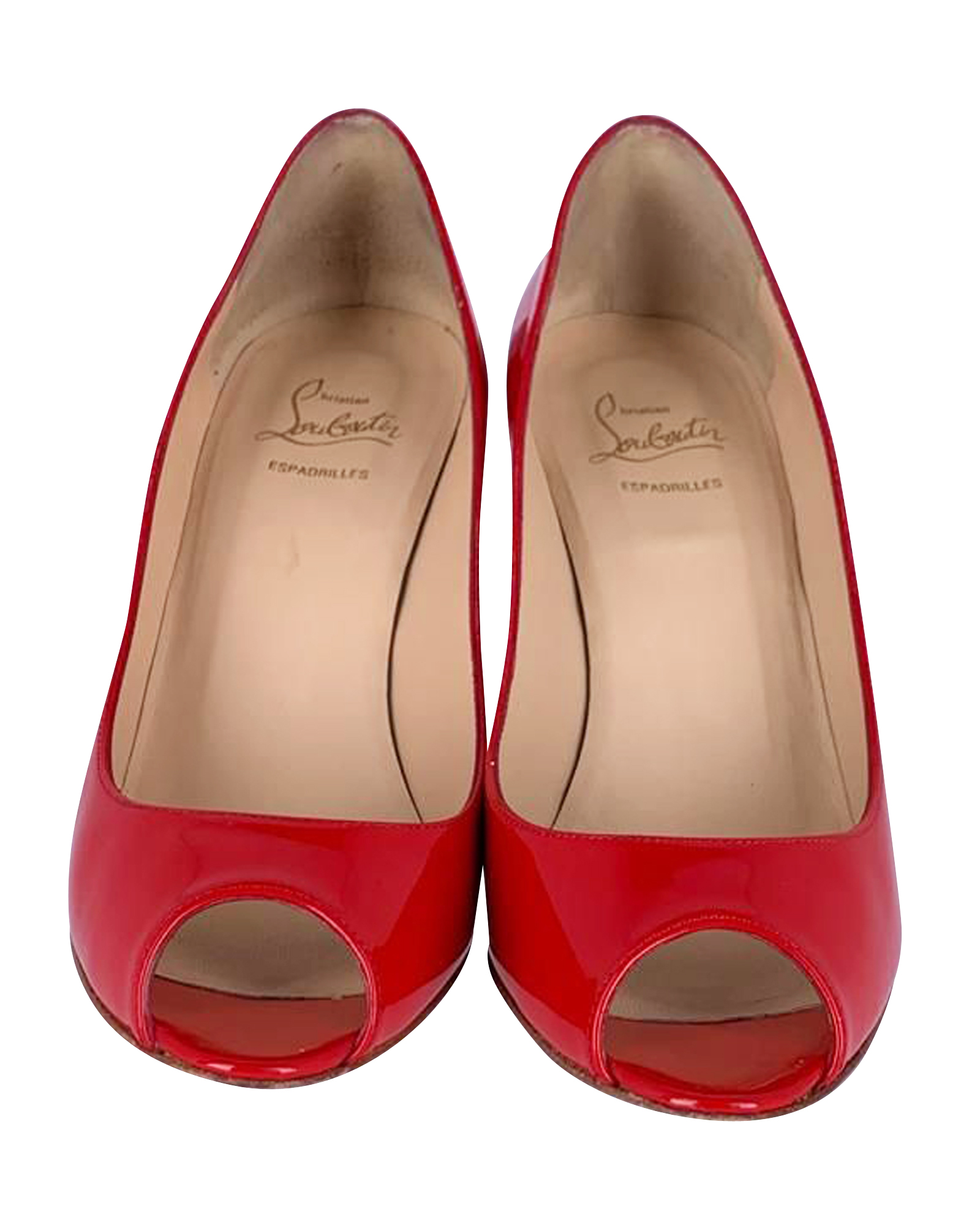 Preowned Christian Louboutin Red patent leather  raffia Puglia 85 wedge heeled pumps Size 40 leather/patent leather