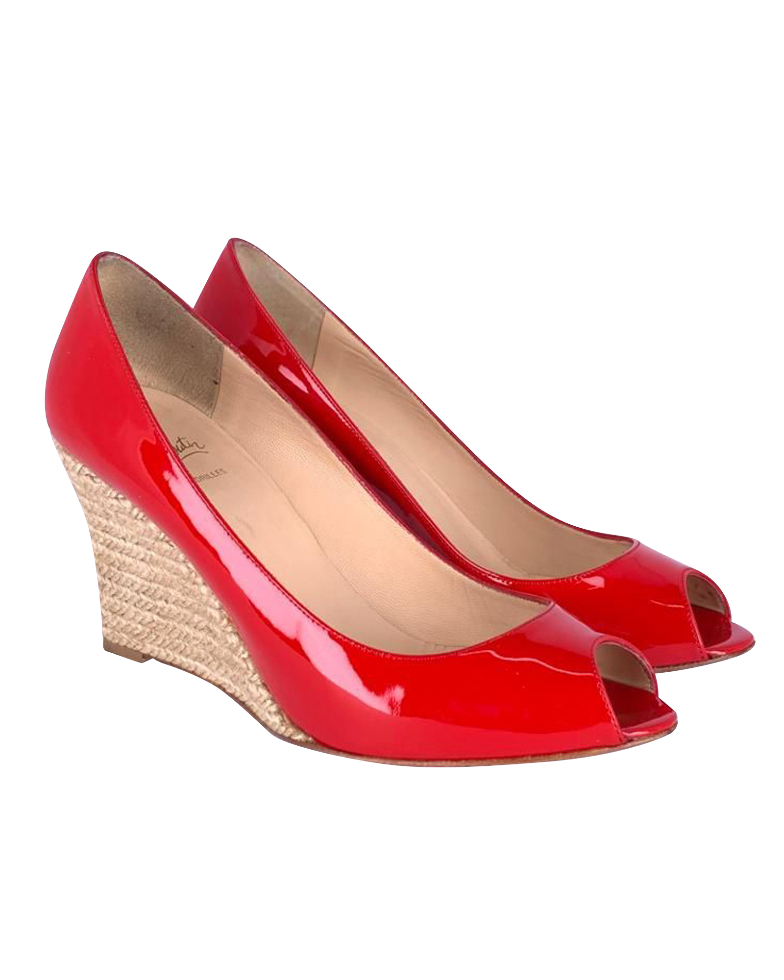 Preowned Christian Louboutin Red patent leather  raffia Puglia 85 wedge heeled pumps Size 40 leather/patent leather