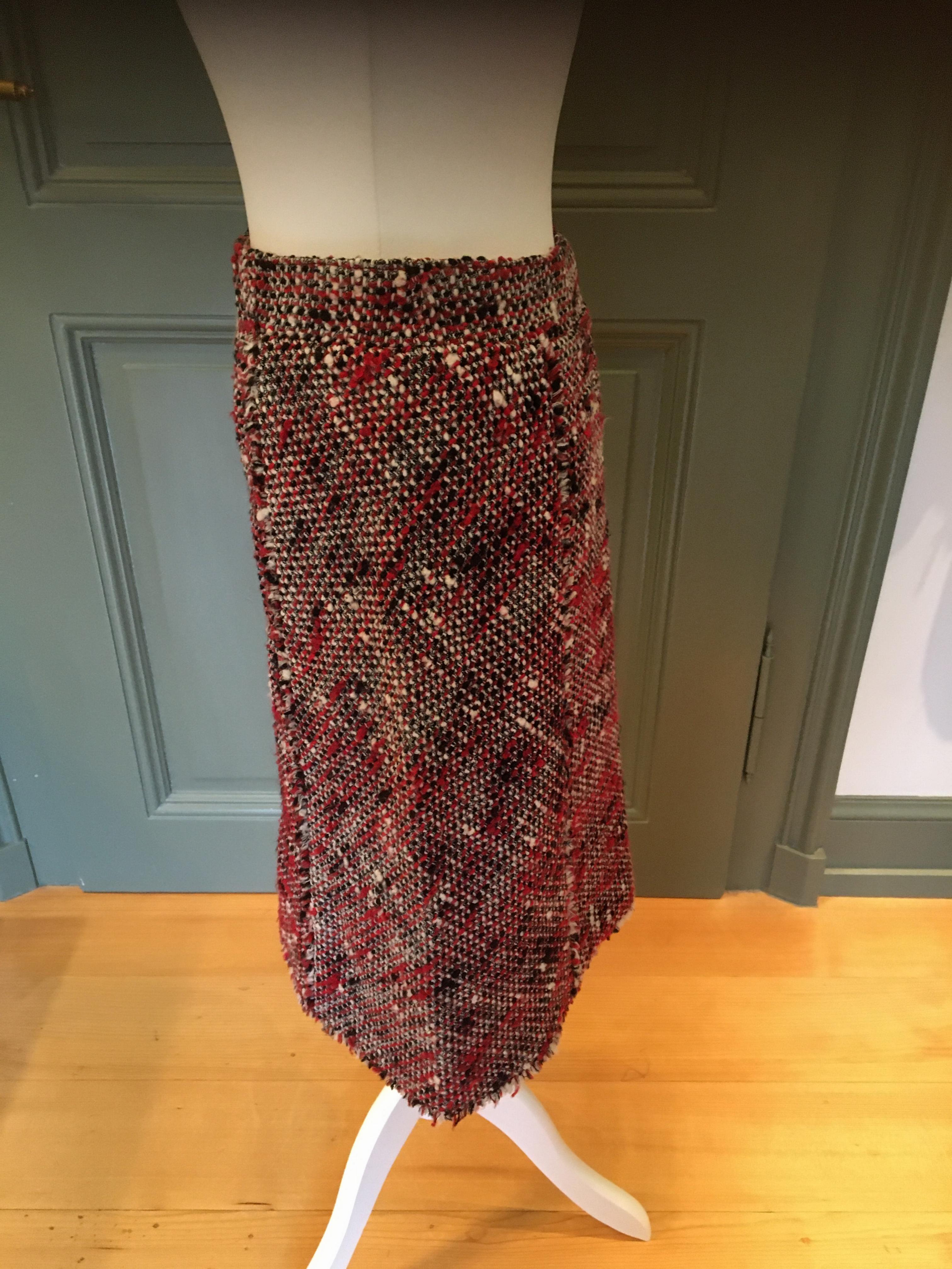 Preowned Chanel Red Cream  Black Woven Tweed Ruched Skirt Size XS Red