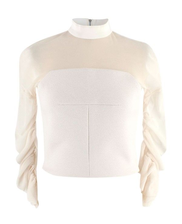 Preowned Balenciaga White Sheer Panel Ruched Sleeve High Neck Top Size XS polyester