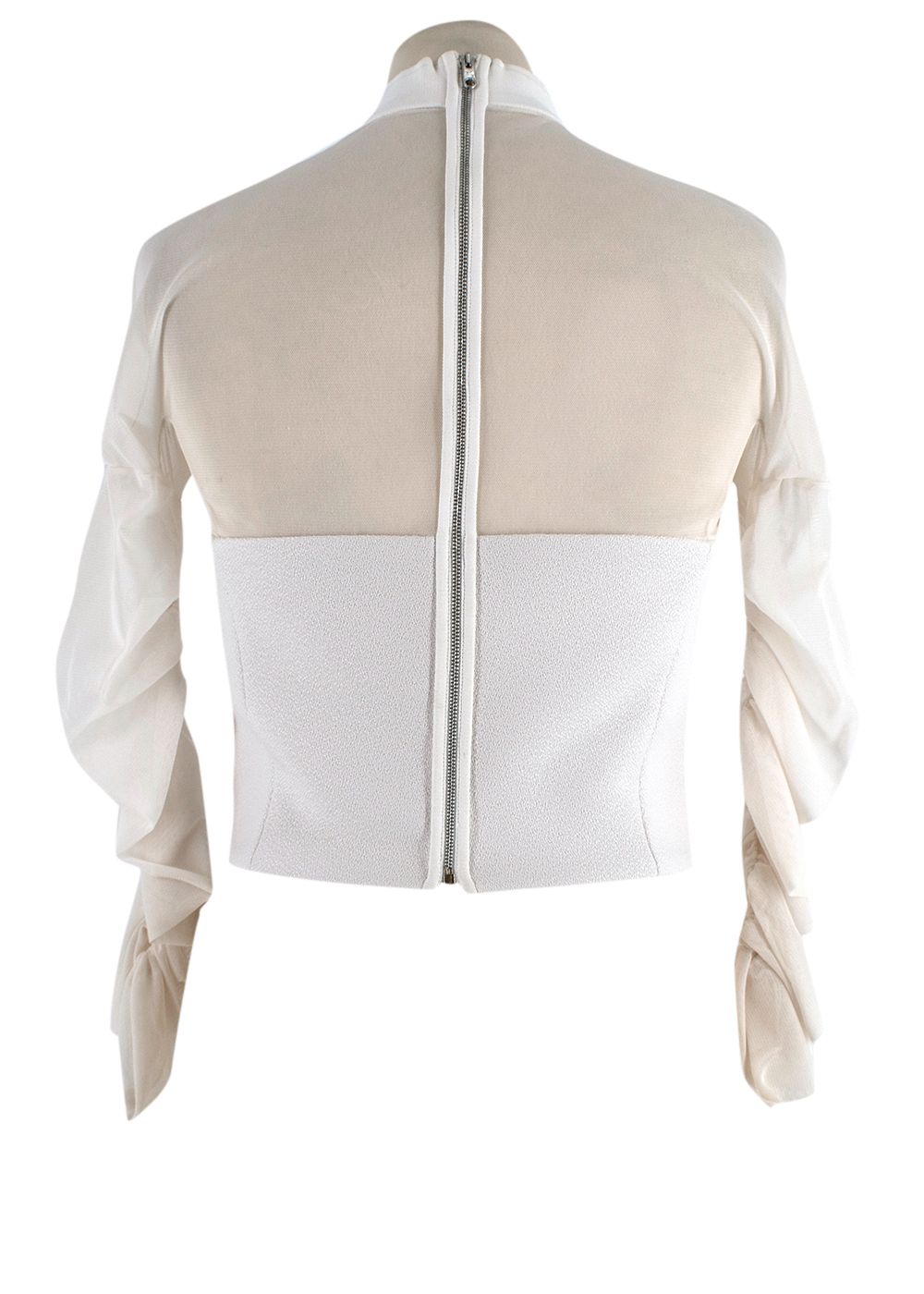 Preowned Balenciaga White Sheer Panel Ruched Sleeve High Neck Top Size XS polyester