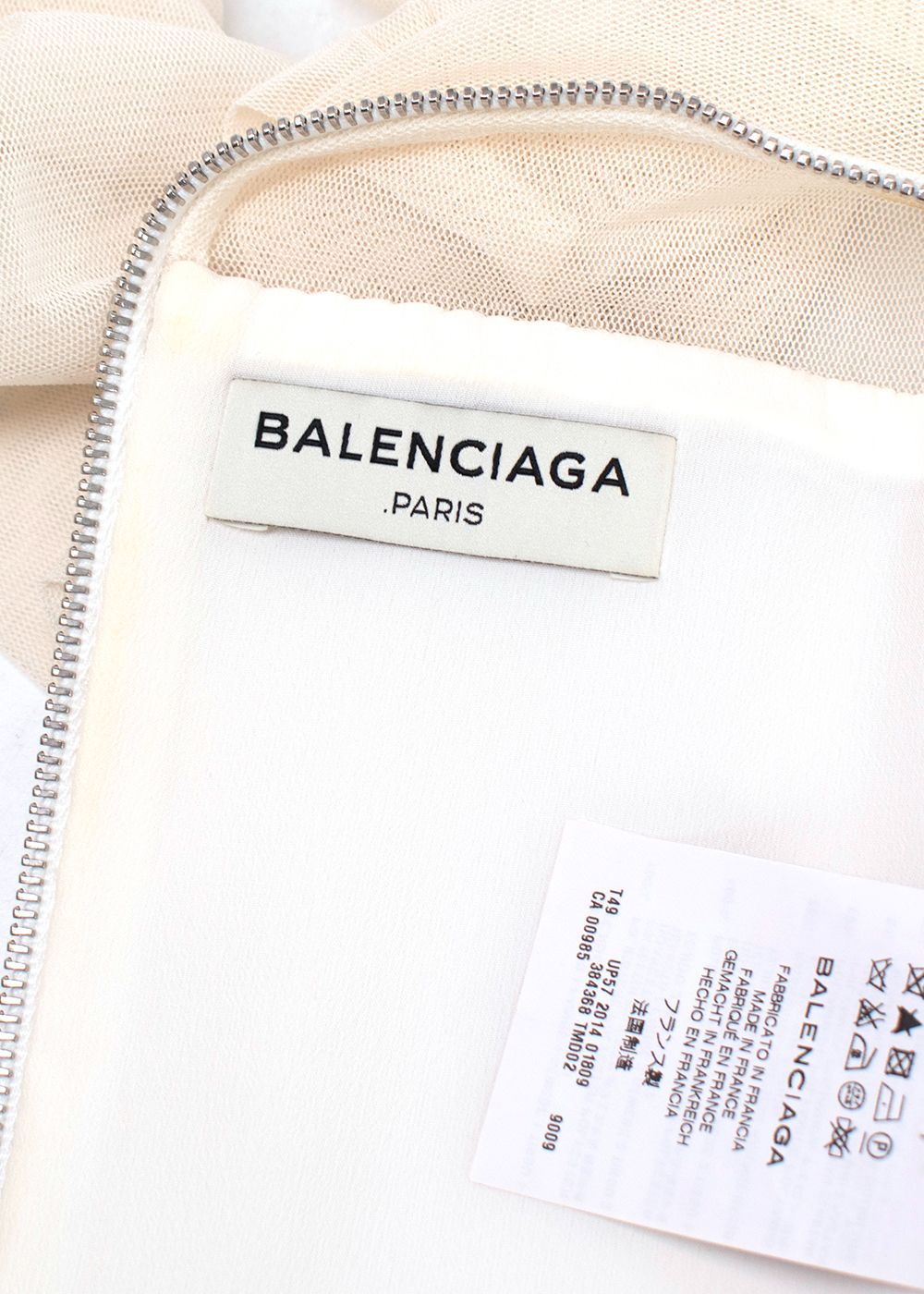 Preowned Balenciaga White Sheer Panel Ruched Sleeve High Neck Top Size XS polyester