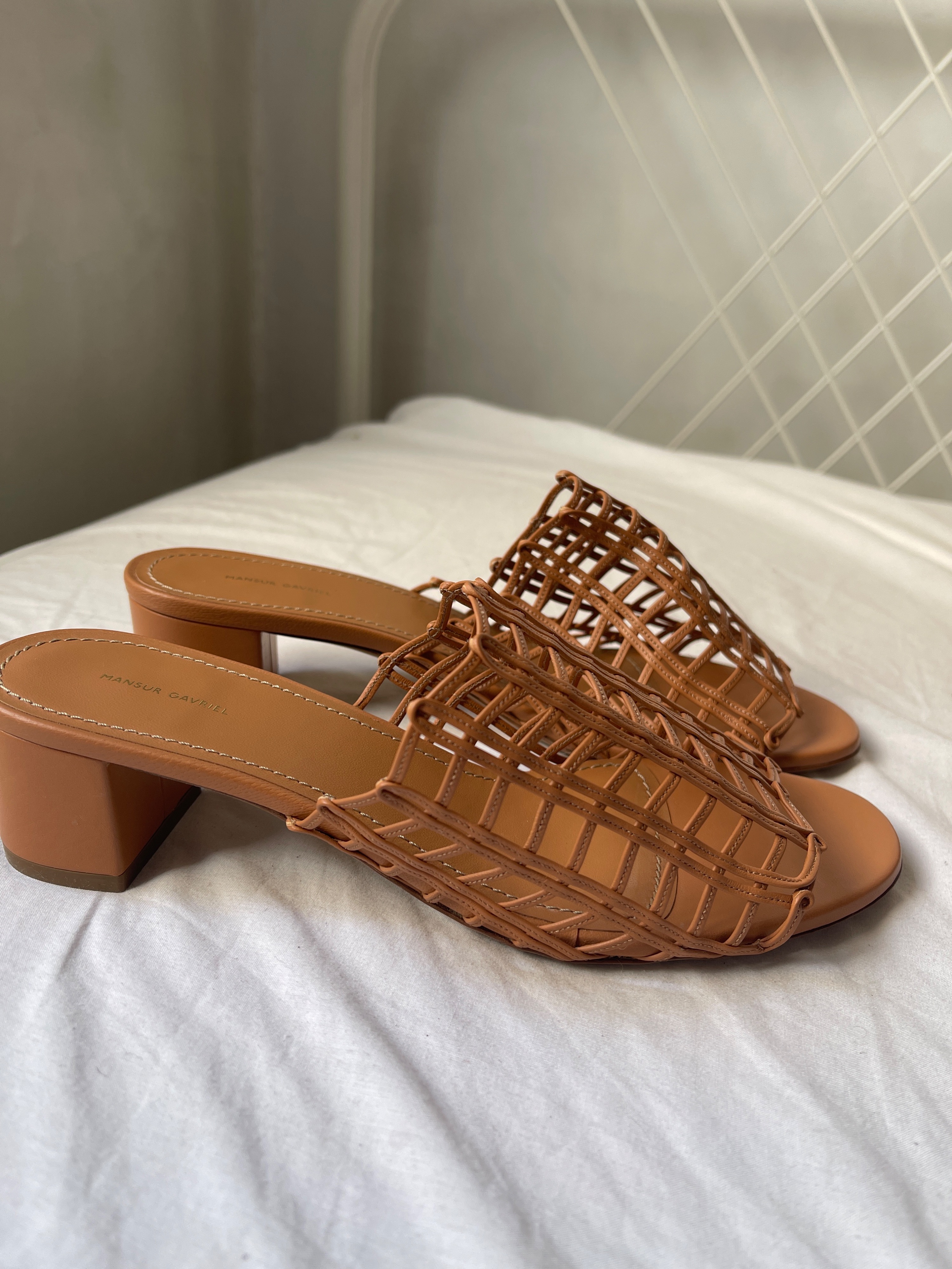 Mansur Gavriel Tan woven leather block heeled mules Size 38