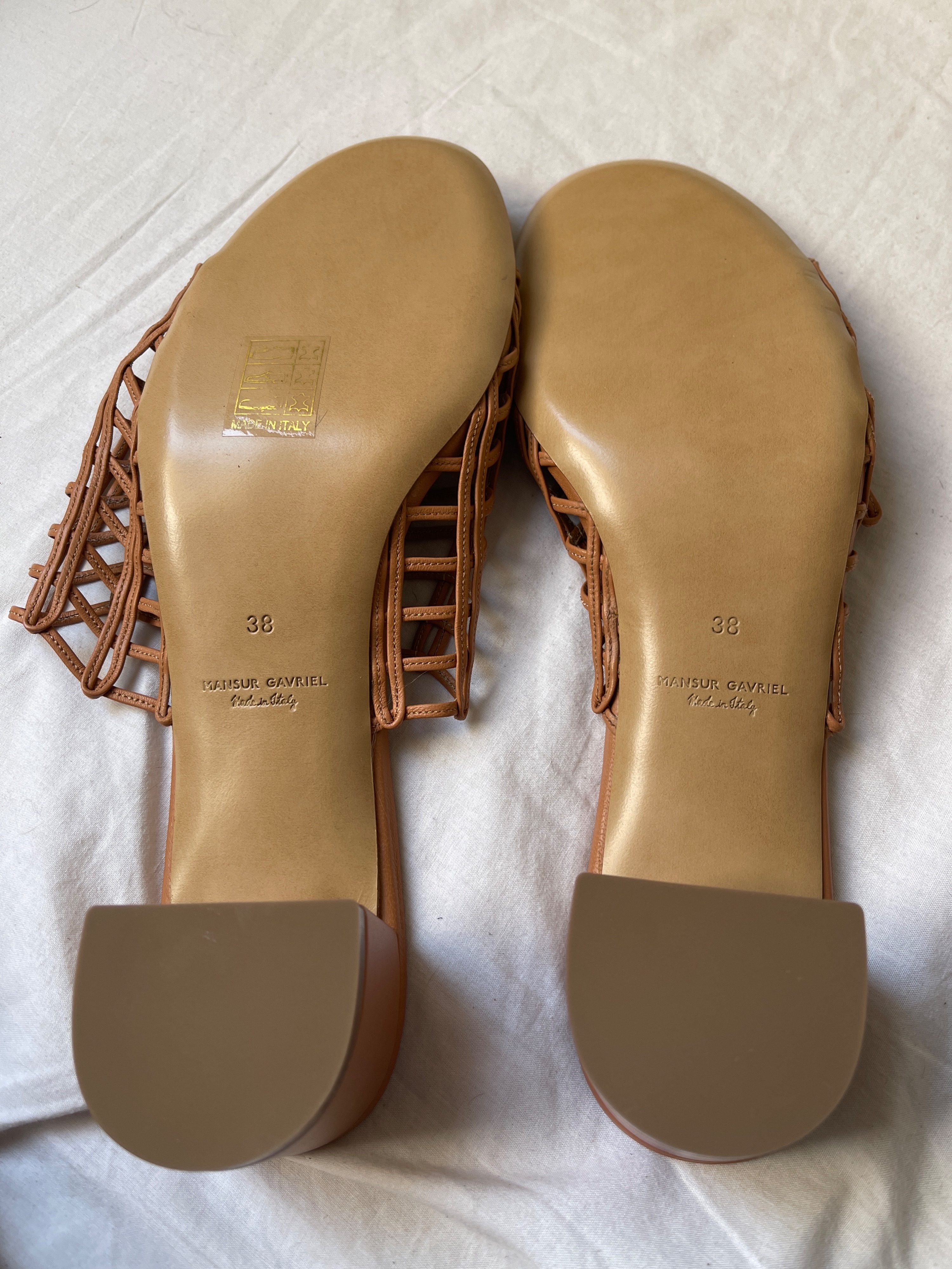 Mansur Gavriel Tan woven leather block heeled mules Size 38