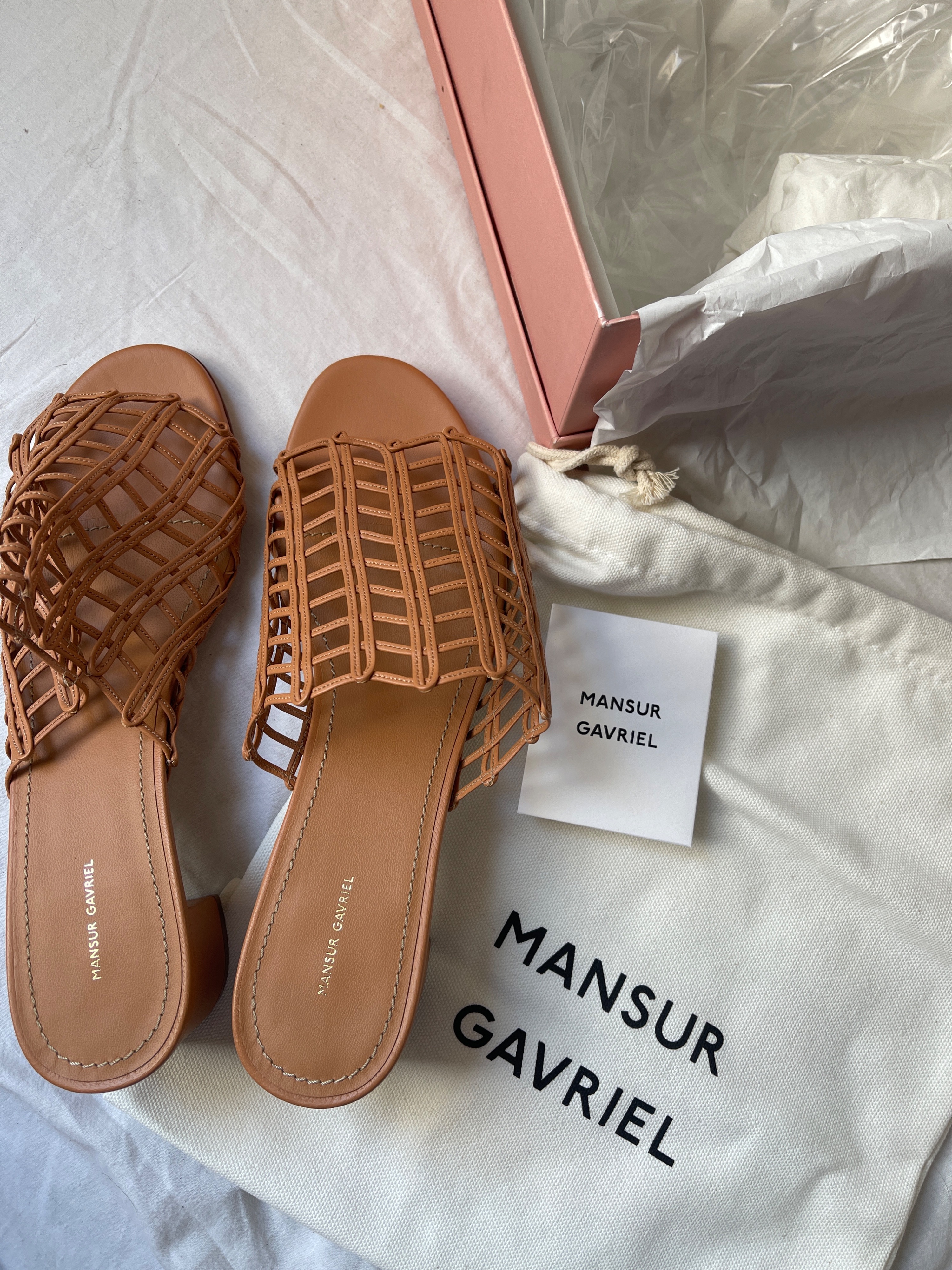 Mansur Gavriel Tan woven leather block heeled mules Size 38