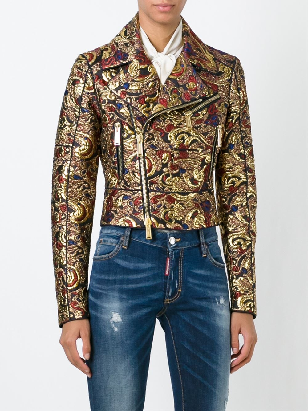 DSquared2 Metallic Gold Brocade Biker Jacket Size S