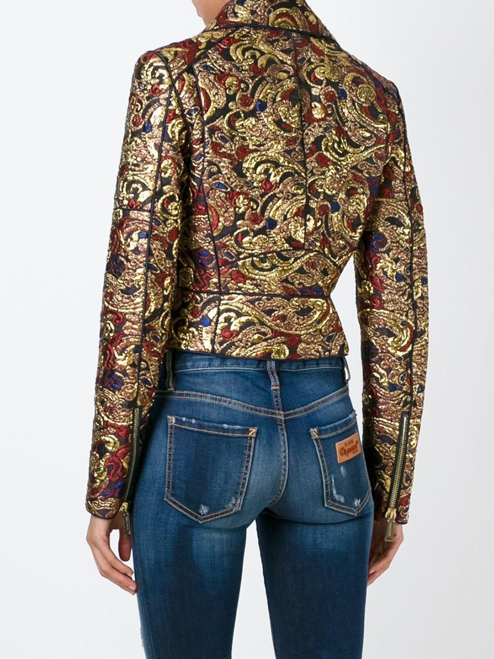 DSquared2 Metallic Gold Brocade Biker Jacket Size S