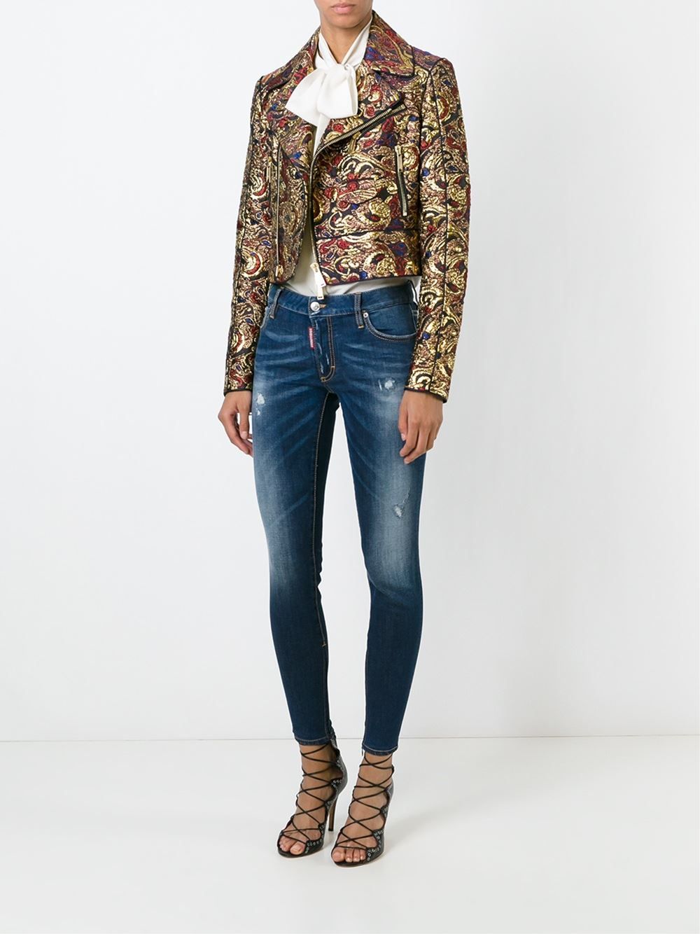 DSquared2 Metallic Gold Brocade Biker Jacket Size S