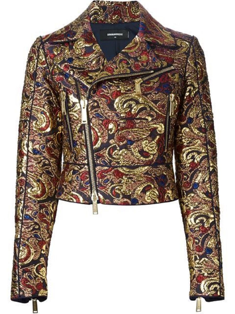 DSquared2 Metallic Gold Brocade Biker Jacket Size S