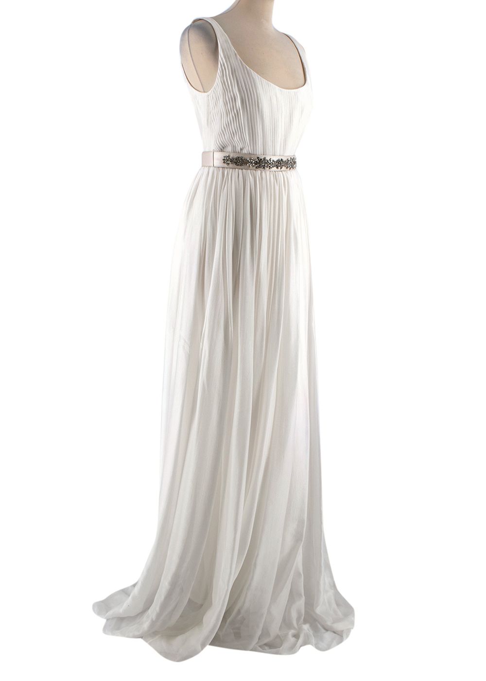 Stella McCartney Crystal Embellished Cream Pleated Silk Jade Gown Size XXS