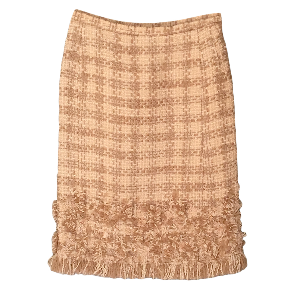 Oscar De La Renta Beige Tweed Fringe Skirt Size S Beige/Nude