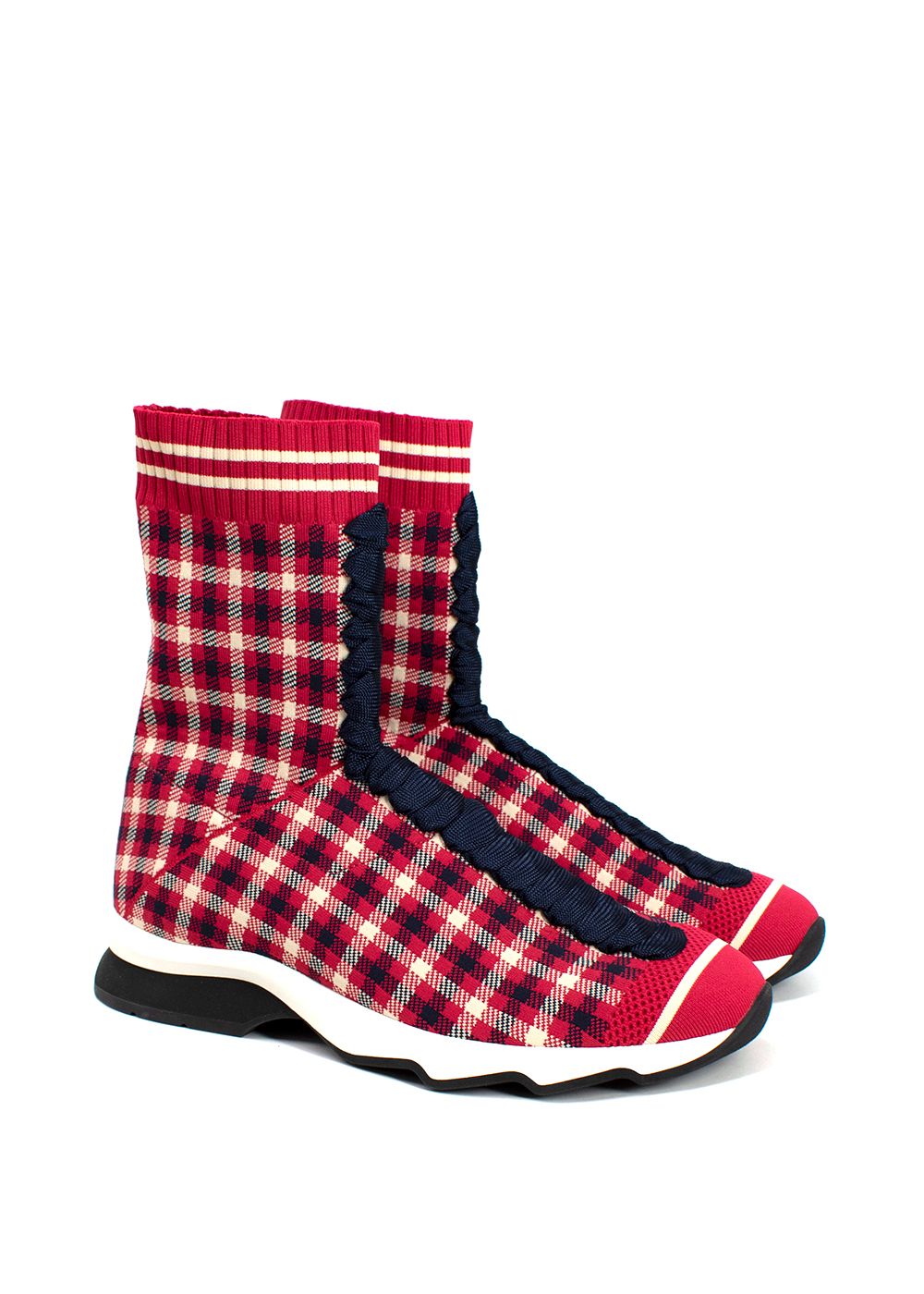 Fendi Red Check Sock Trainers Size 38 Red navy and white polyester