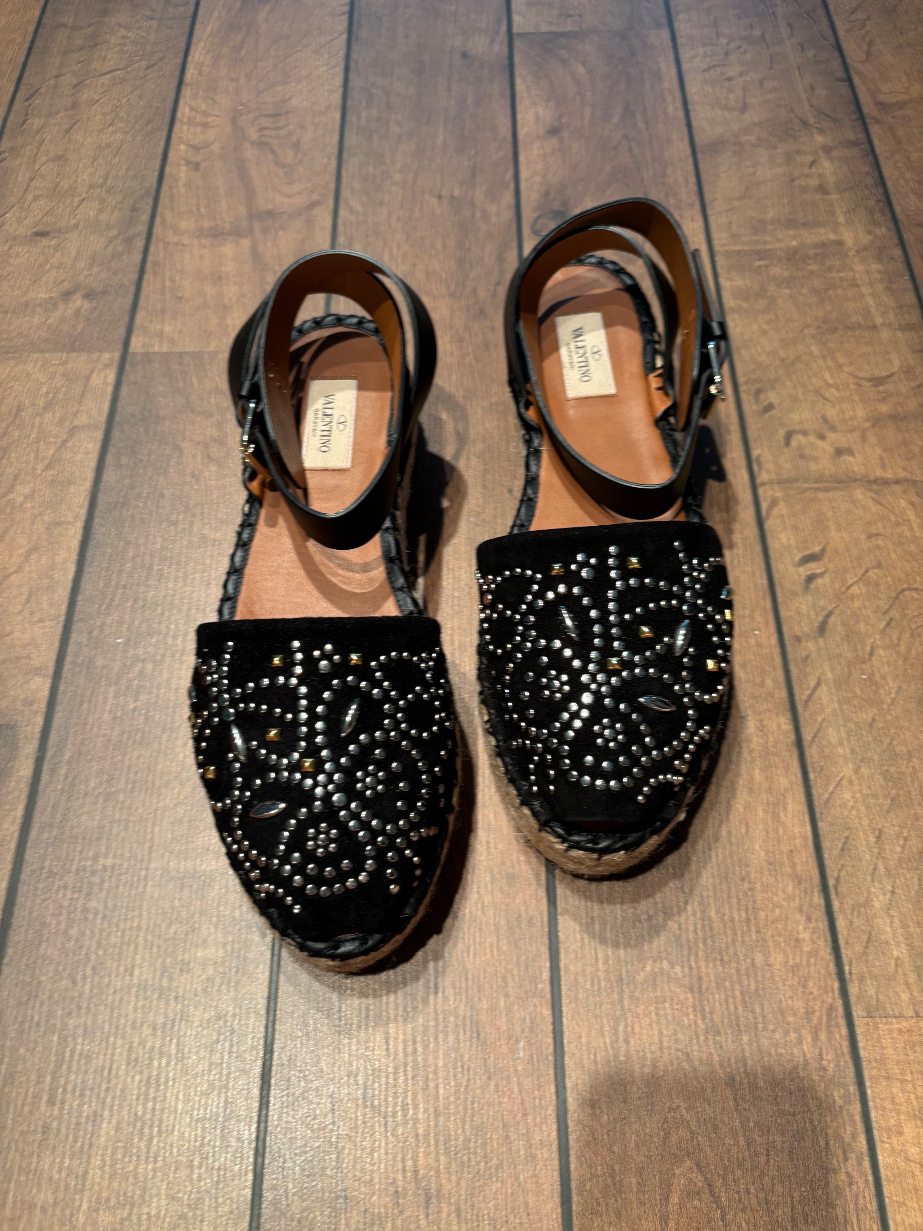 Valentino Black Embellished Espadrille Sandals Size 40 suede