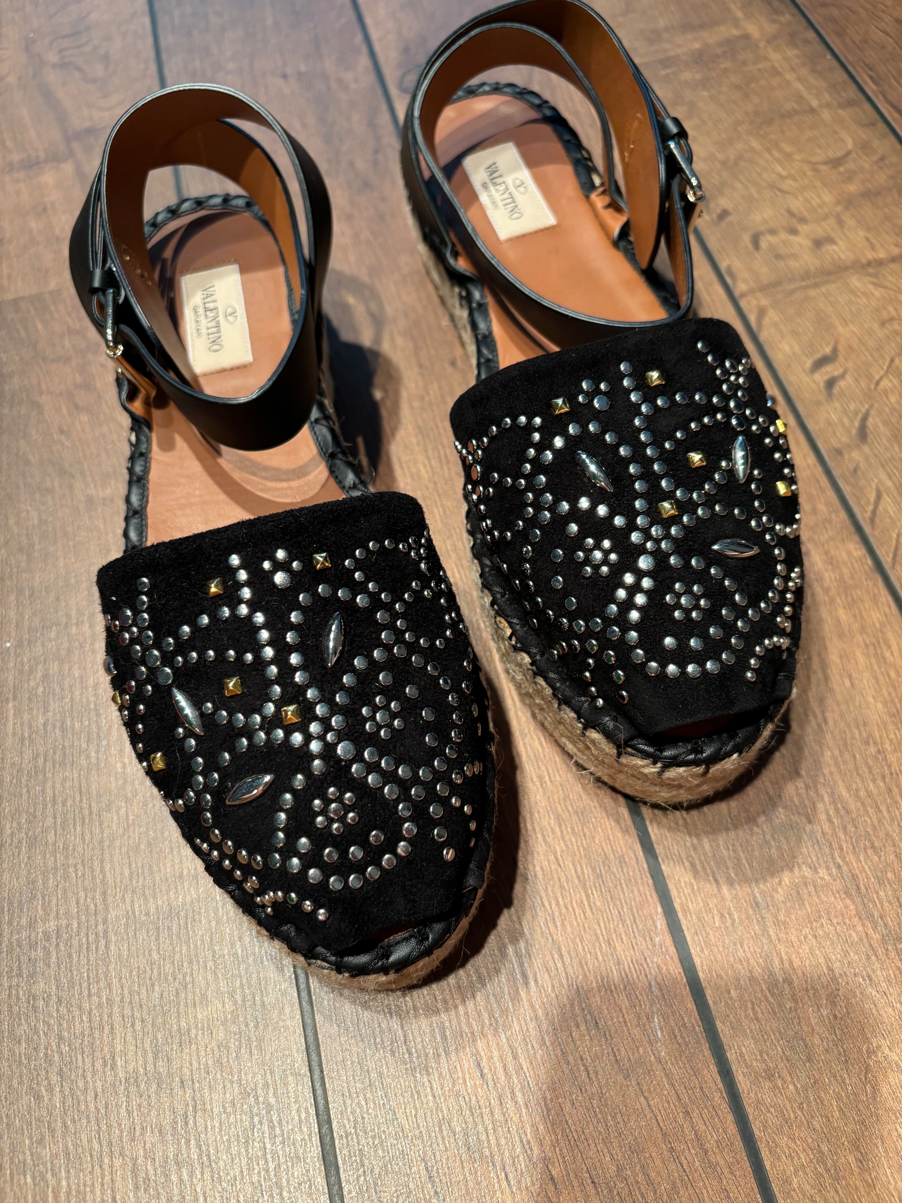 Valentino Black Embellished Espadrille Sandals Size 40 suede