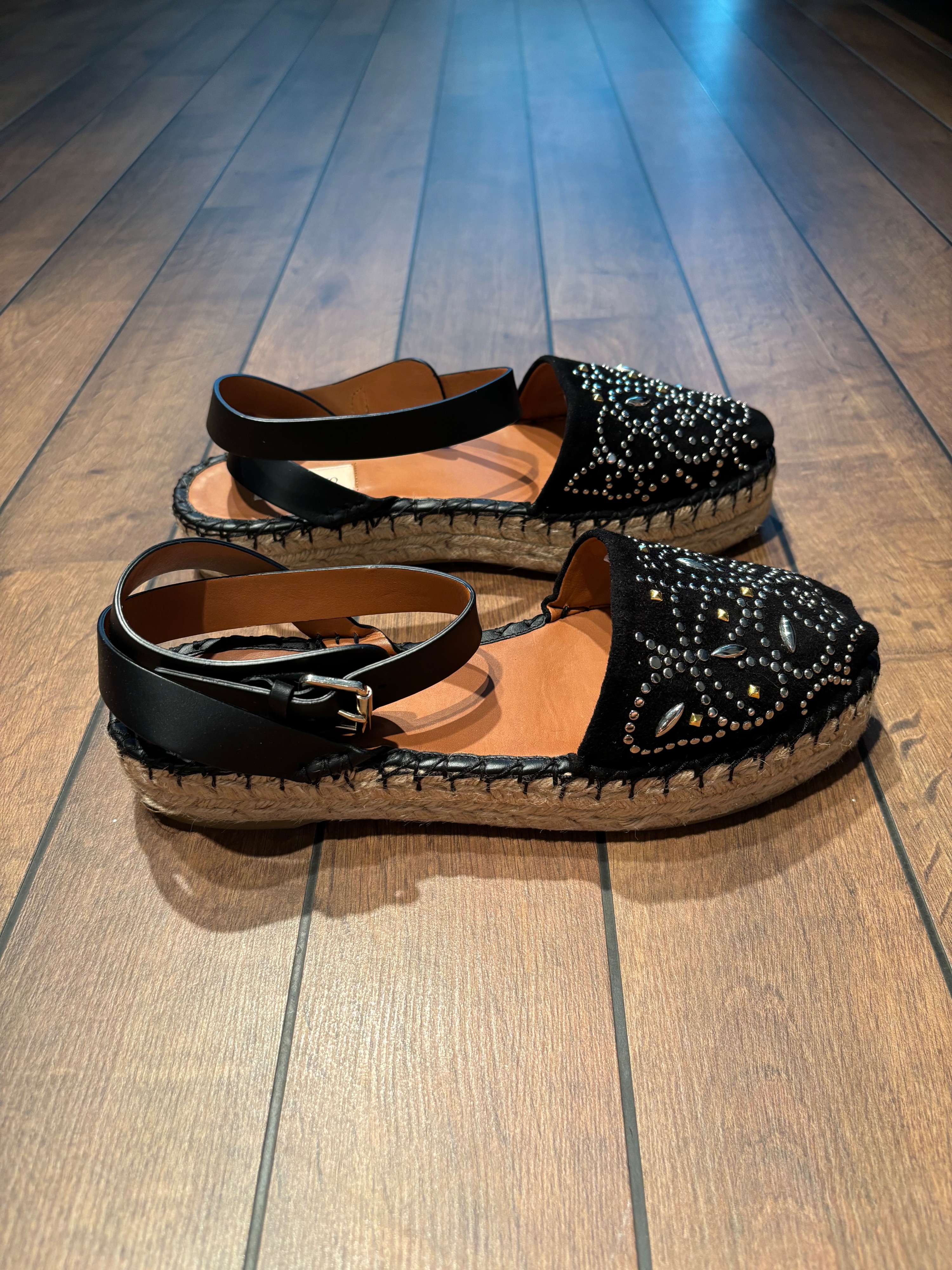 Valentino Black Embellished Espadrille Sandals Size 40 suede