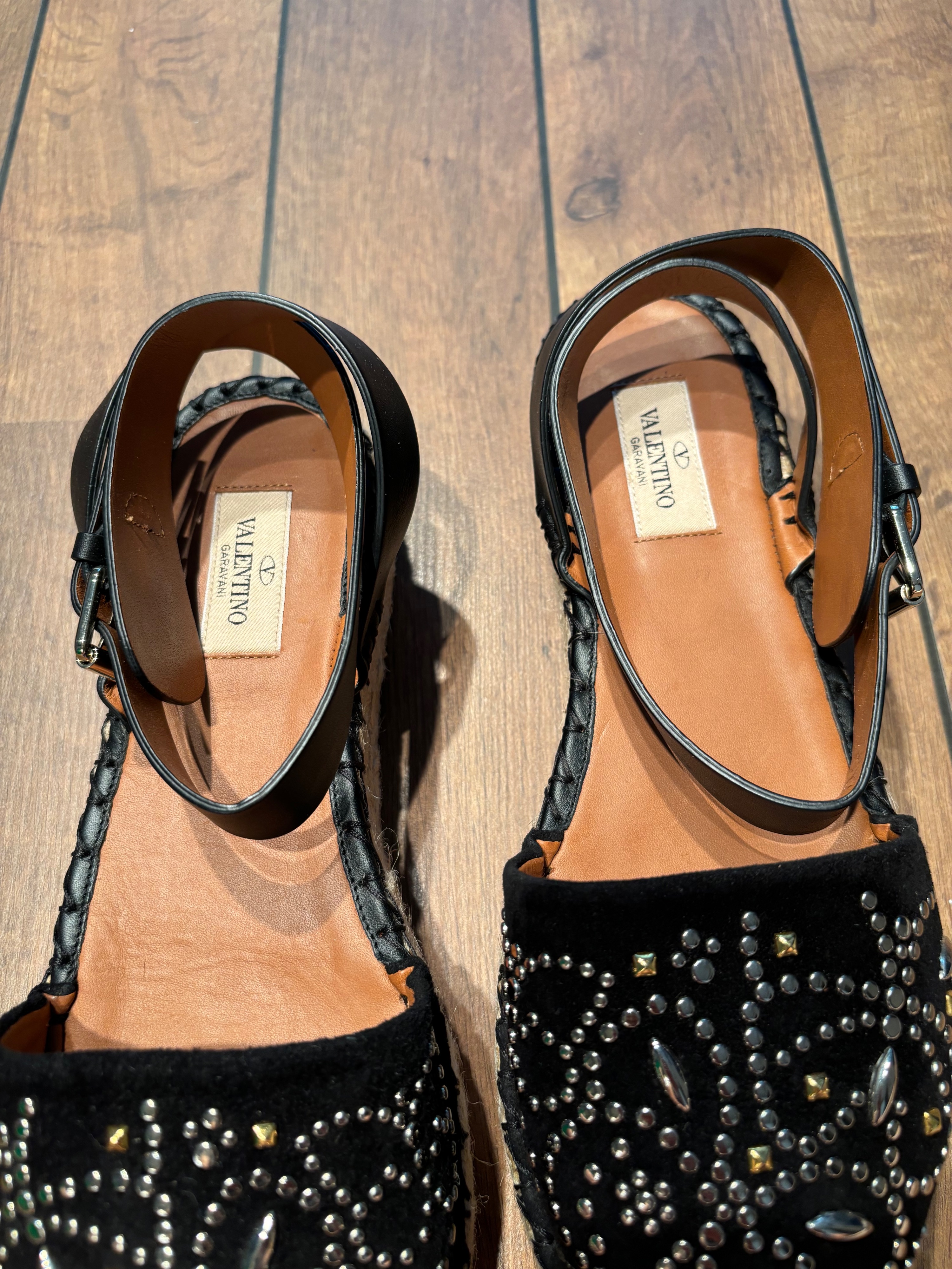 Valentino Black Embellished Espadrille Sandals Size 40 suede