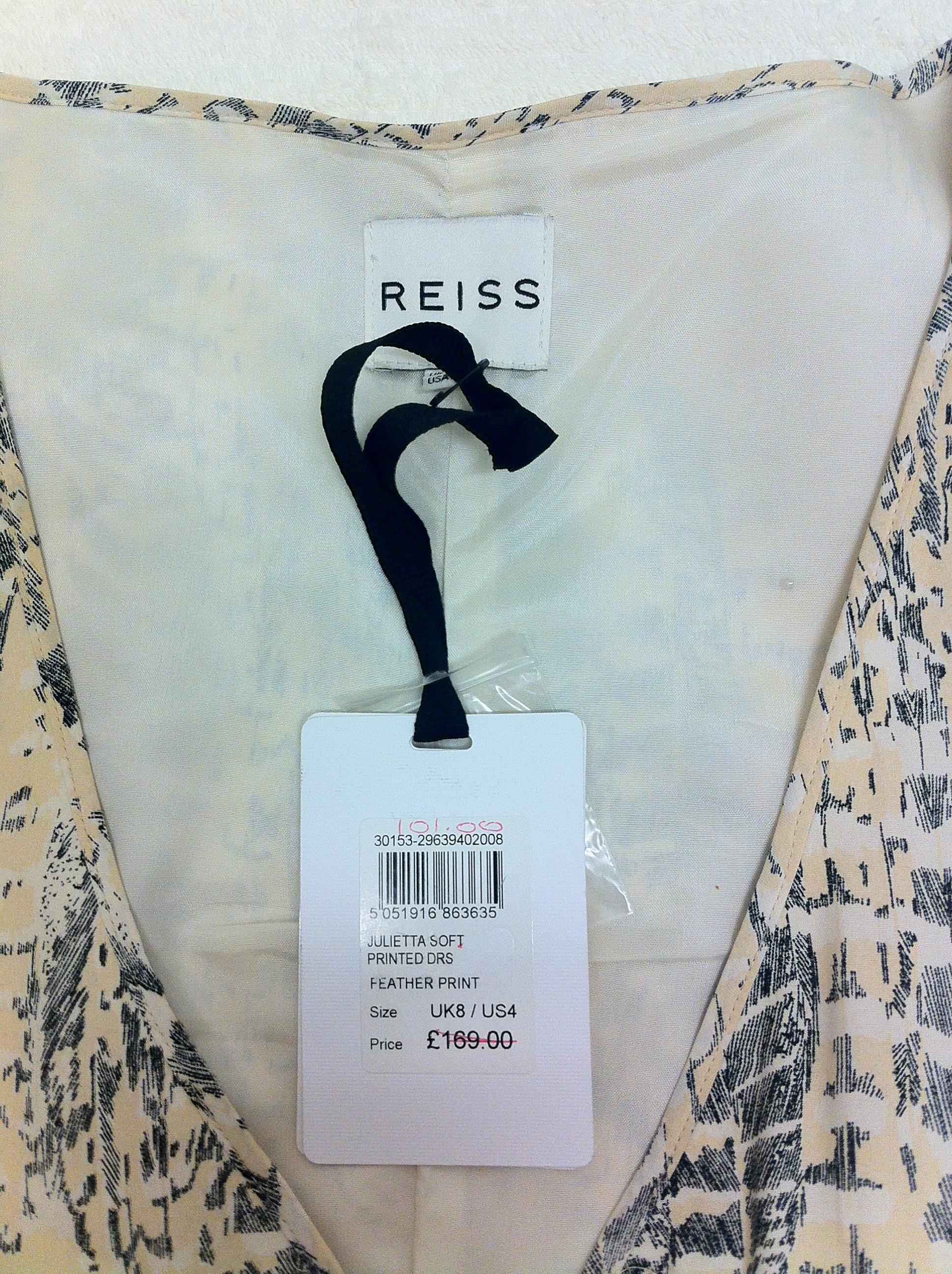 Reiss Feather Printed Dress Size S Cream viscose