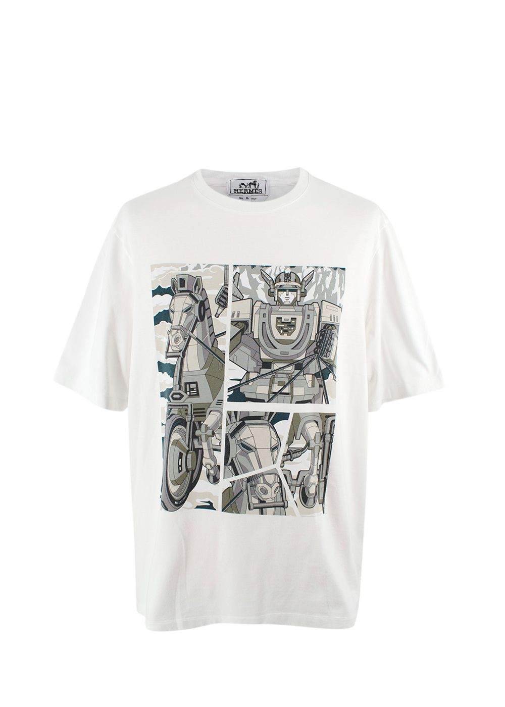 Men's Hermes White Mega Chariot Print Cotton  T-Shirt Size XL white grey