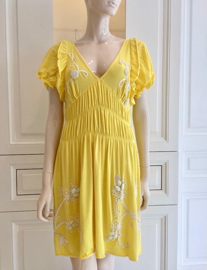 Gaetano Navarra Hand Embroidered Canary Yellow Beaded Dress Size S