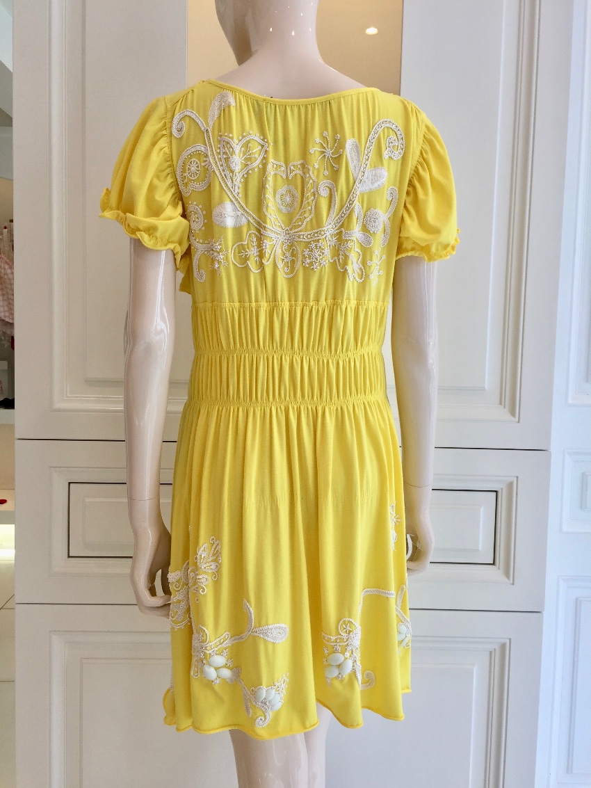 Gaetano Navarra Hand Embroidered Canary Yellow Beaded Dress Size S