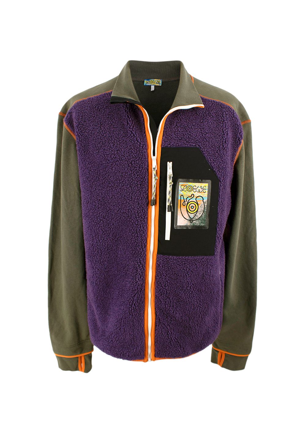 Men's Preowned Loewe Green and Purple Logo Patch Fleece Jacket Size XL cotton