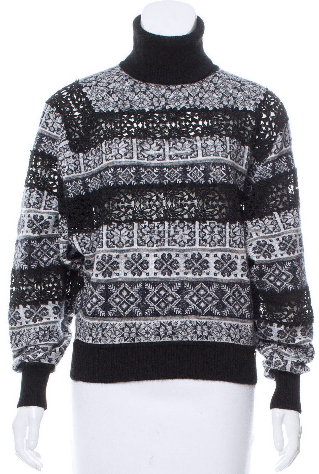 Chanel Black and White Cashmere and Lace Printed Turtleneck Jumper Size S mohair/silk/chashmere