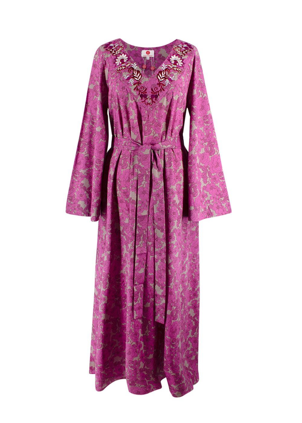 Elegant Embroidery Fuchsia Floral Embroidered Kaftan Size M Purple cotton