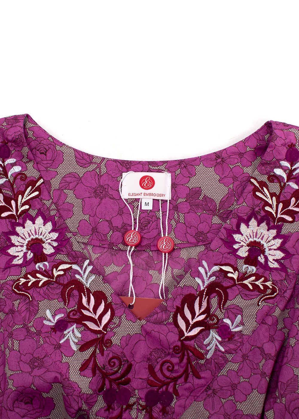 Elegant Embroidery Fuchsia Floral Embroidered Kaftan Size M Purple cotton