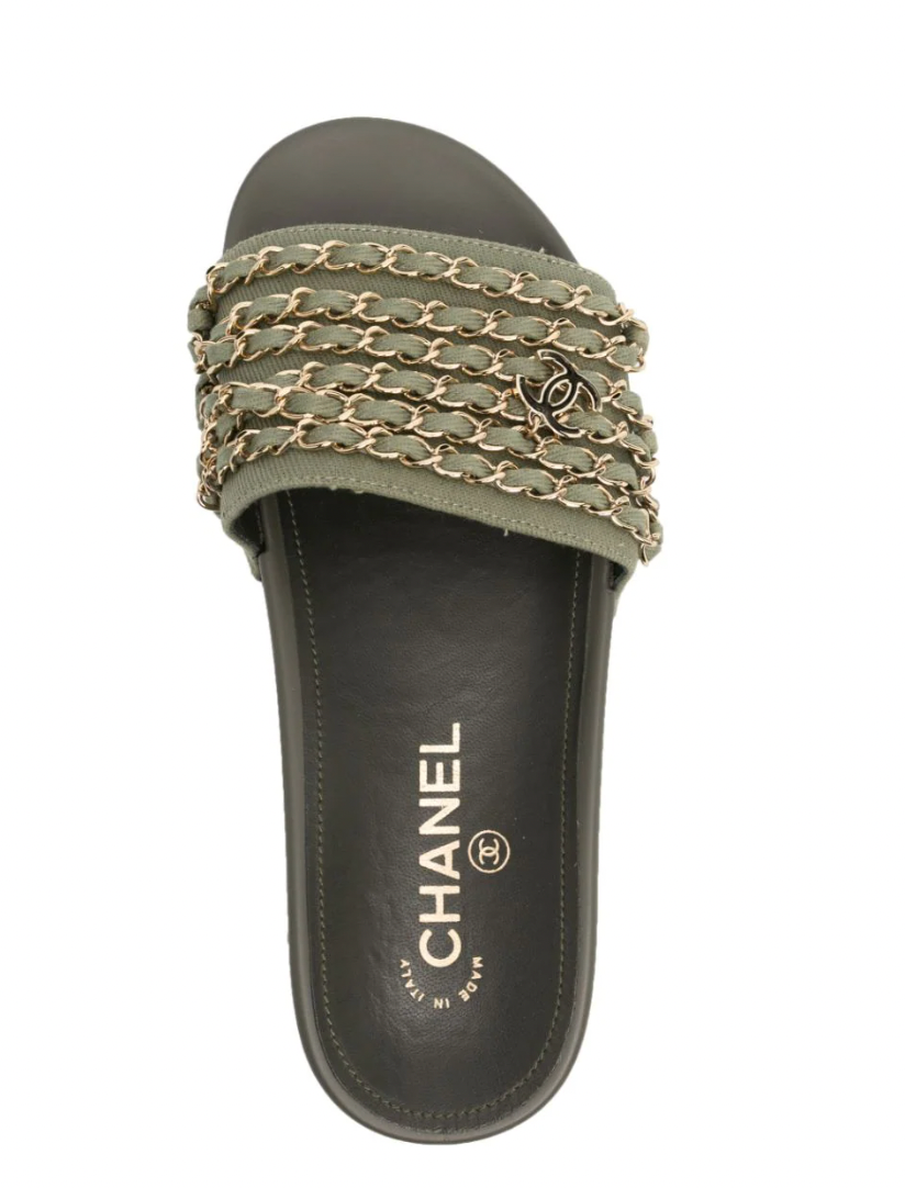 Chanel Khaki Tropiconic Chain Slides Size 40 Olive Green cotton/leather/rubber