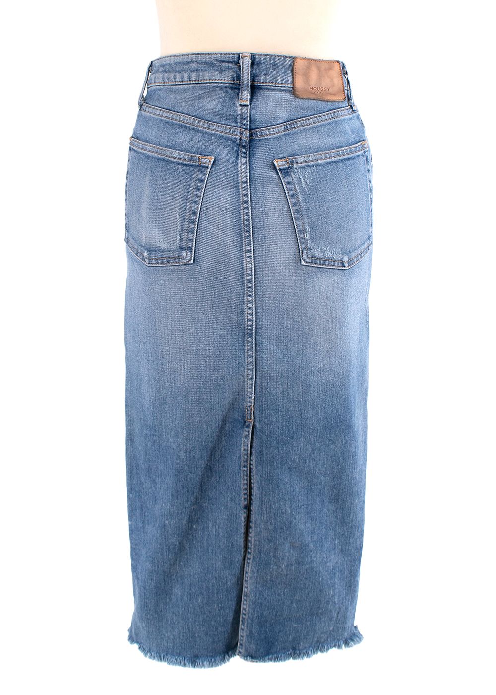 MOUSSY Vintage Light Wash Raw Hem Denim Midi Skirt Size 24/61