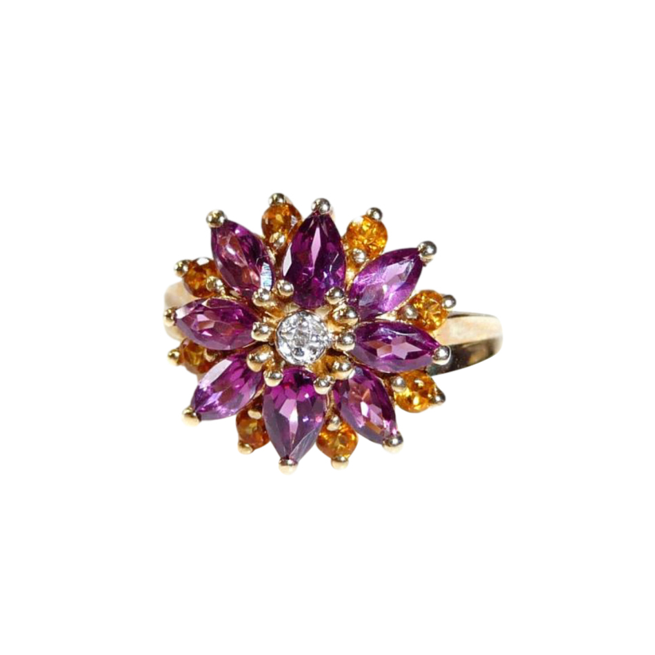 Preowned Bespoke Diamond Amethyst  Citrine Gold Flower Ring Yellow k gold