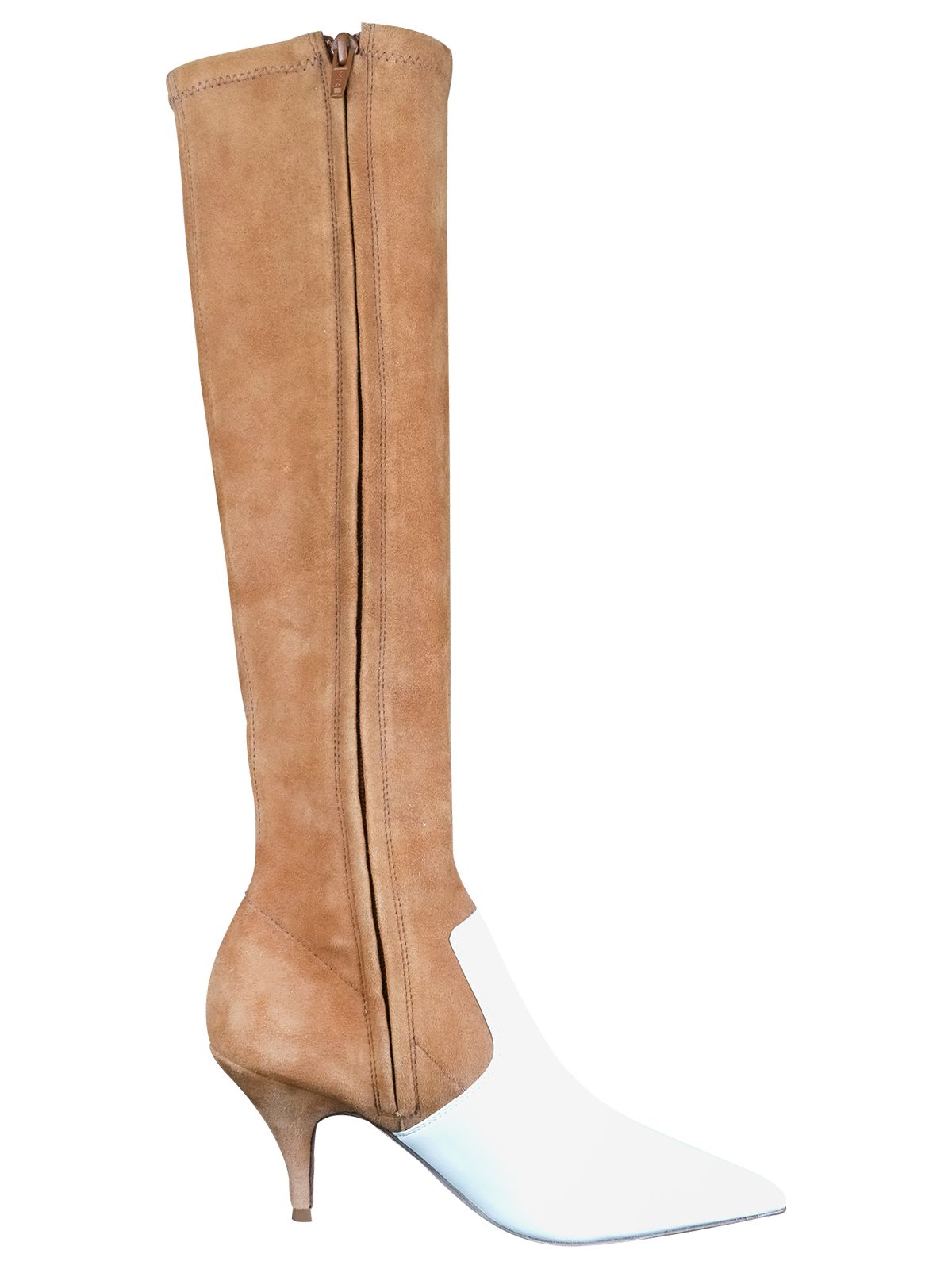 Preowned Tory Burch Beige suede  white leather heeled long boots Size 37 Tan and White