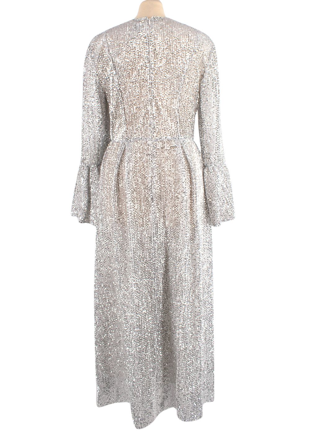 Huishan Zhang Silver Sequin Embellished Frill Sleeved Maxi Dress Size S polyester