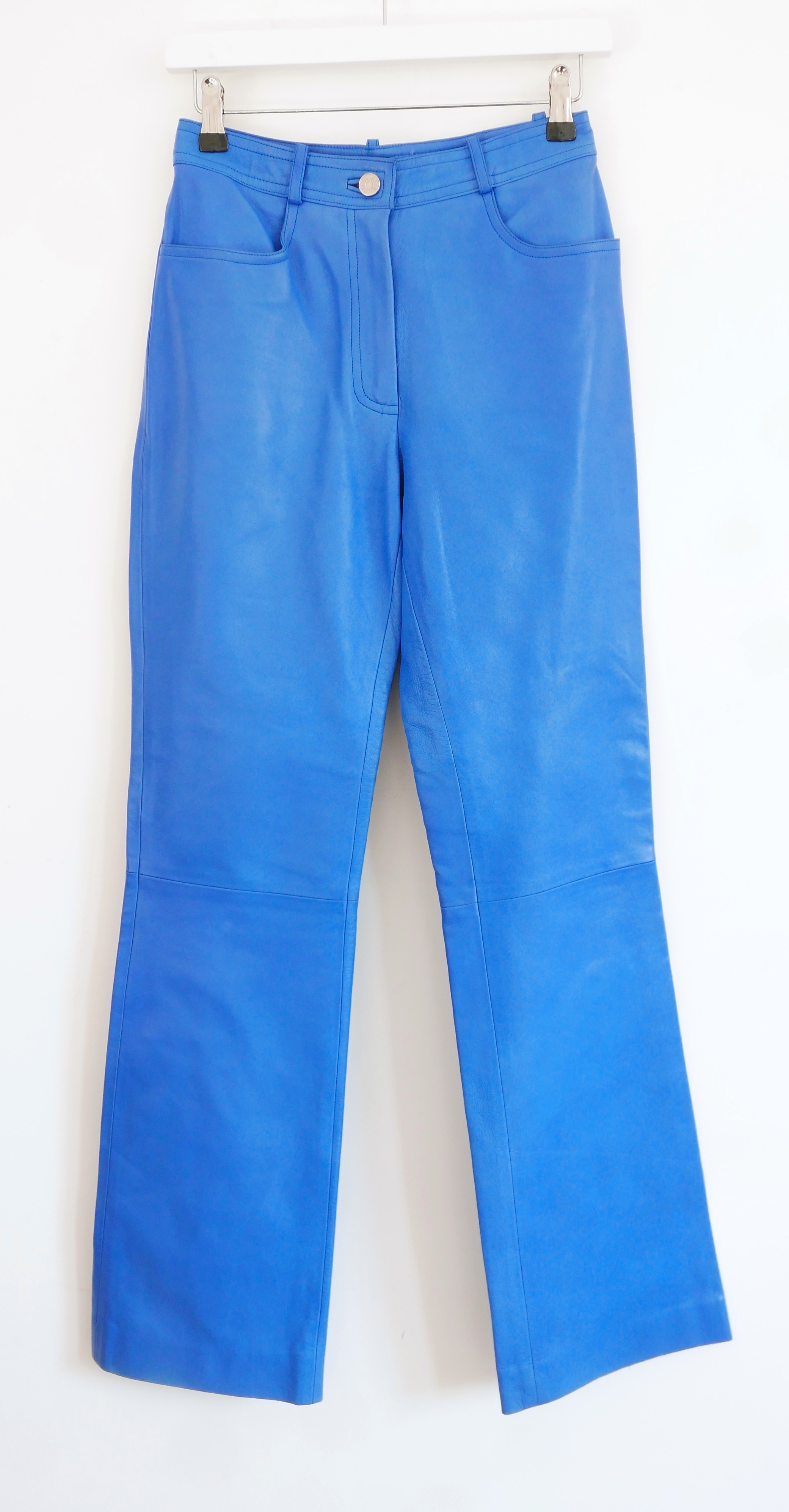 Celine Vintage Blue Mid Rise Leather Trousers Size M Cerulean