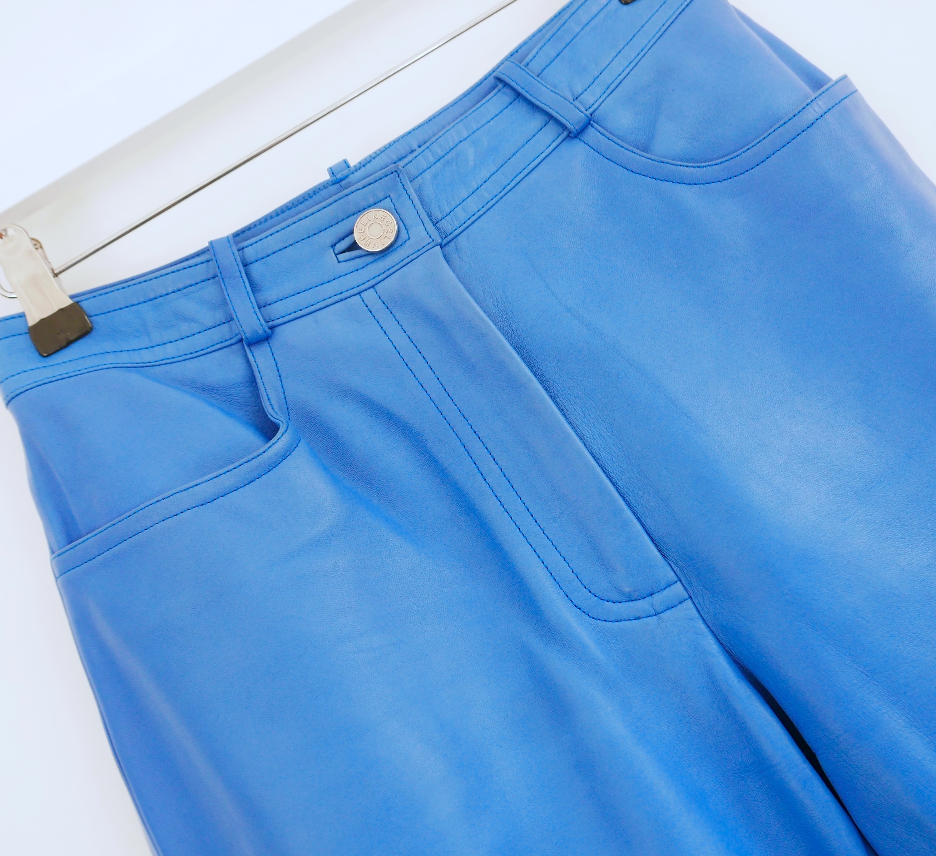 Celine Vintage Blue Mid Rise Leather Trousers Size M Cerulean