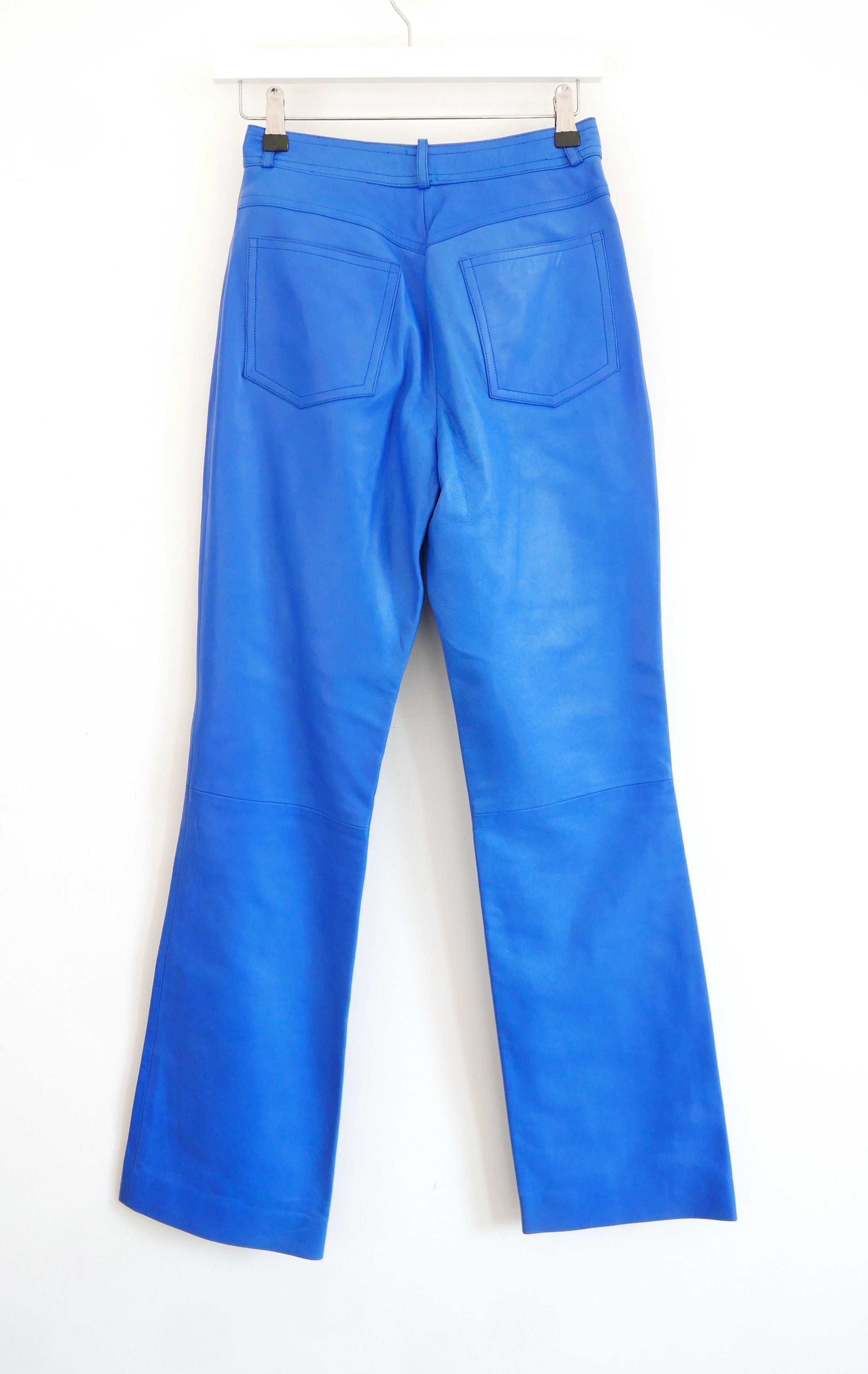 Celine Vintage Blue Mid Rise Leather Trousers Size M Cerulean