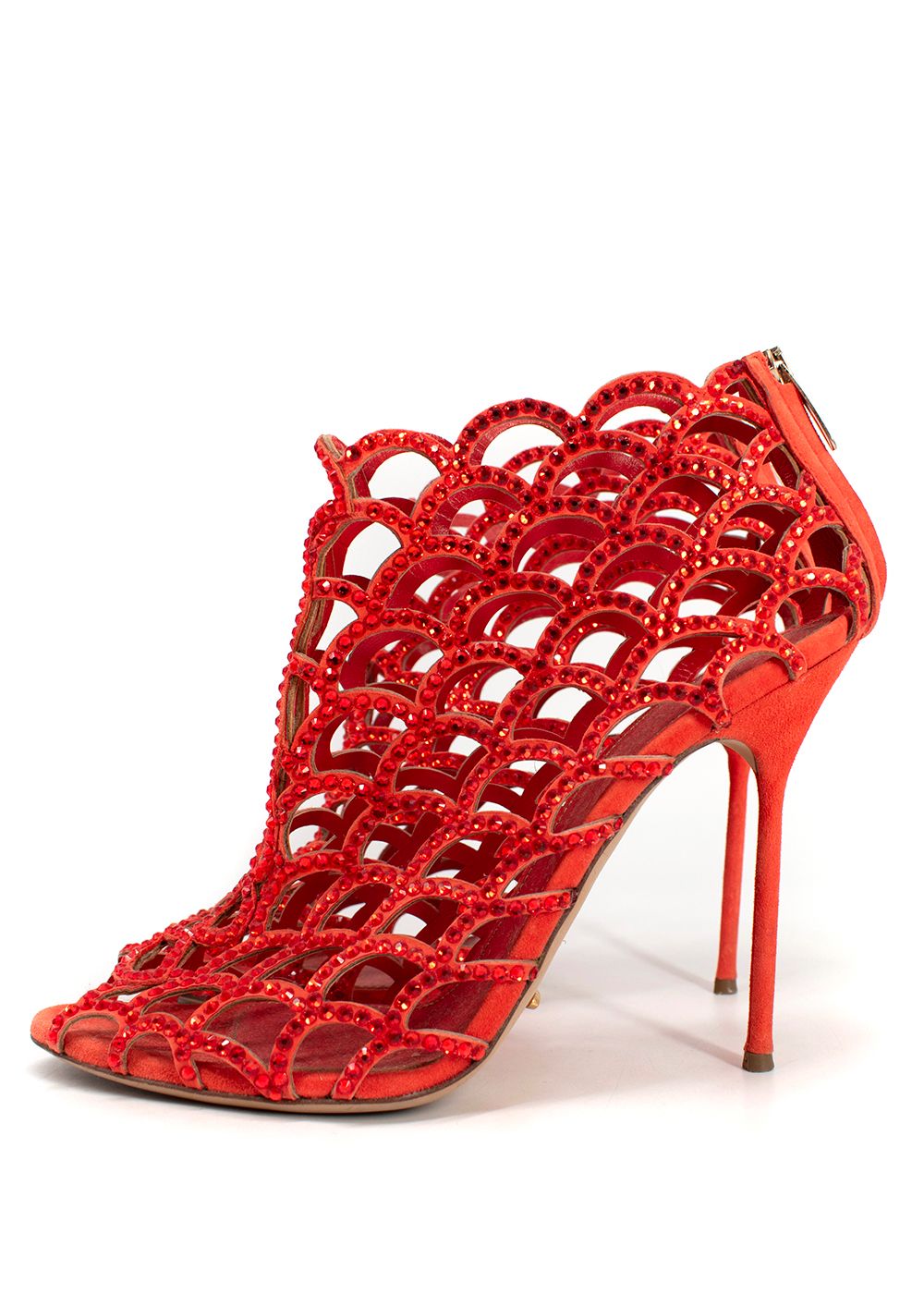 Preowned Sergio Rossi Orange Crystal Embellished Caged Heels Size 405 suede