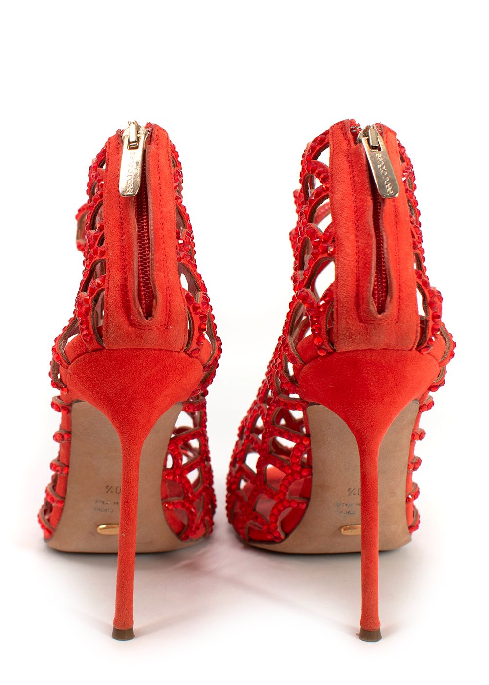 Preowned Sergio Rossi Orange Crystal Embellished Caged Heels Size 405 suede