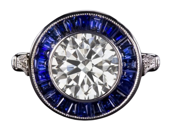 Antinori Fine Jewels Art Deco Style Sapphire Halo 223 Carat Round Diamond Ring Silver k white gold