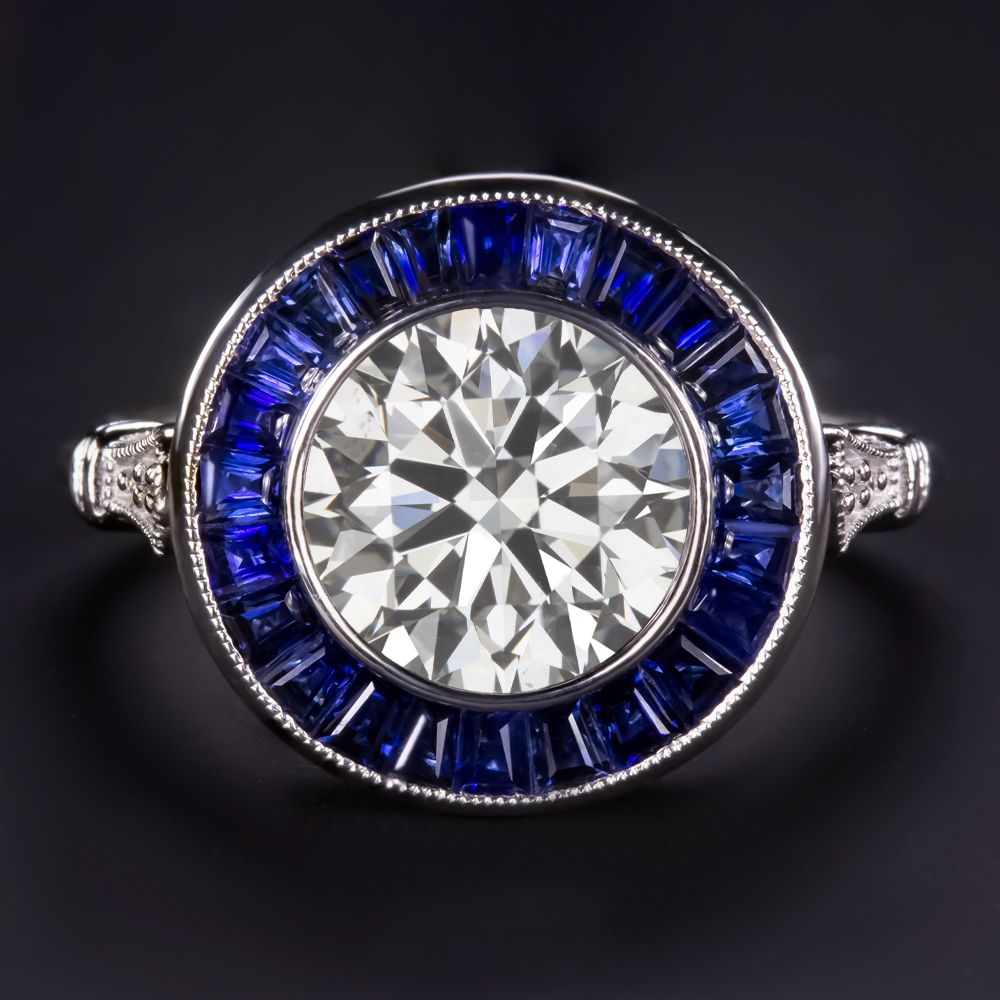 Antinori Fine Jewels Art Deco Style Sapphire Halo 223 Carat Round Diamond Ring Silver k white gold