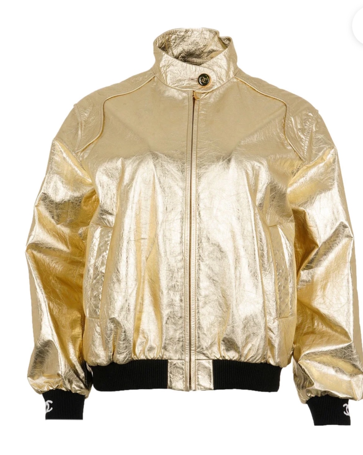 Preowned Chanel Runway Gold Leather Bomber Jacket Size M