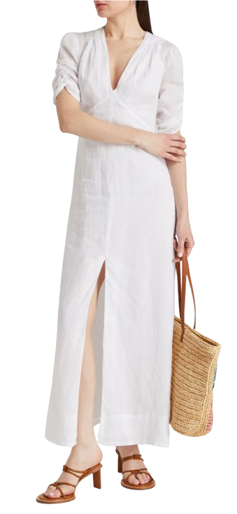 Frame White Shirred Sleeve Cotton Midi Dress Size XS